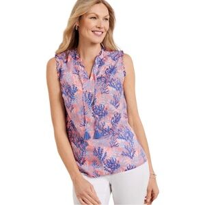 TALBOTS Women’s Large Ruffle Trim Shell Top Dynamic Coral Tassel Ties Blue Coral
